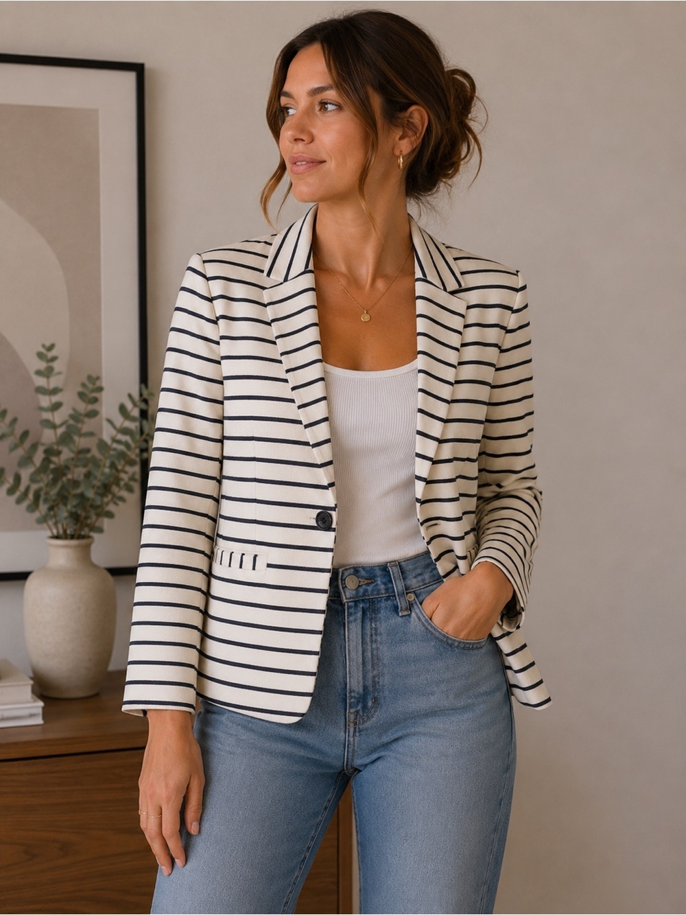 Striped Cream and Black Blazer - Women’s Tailored Suit Jacket